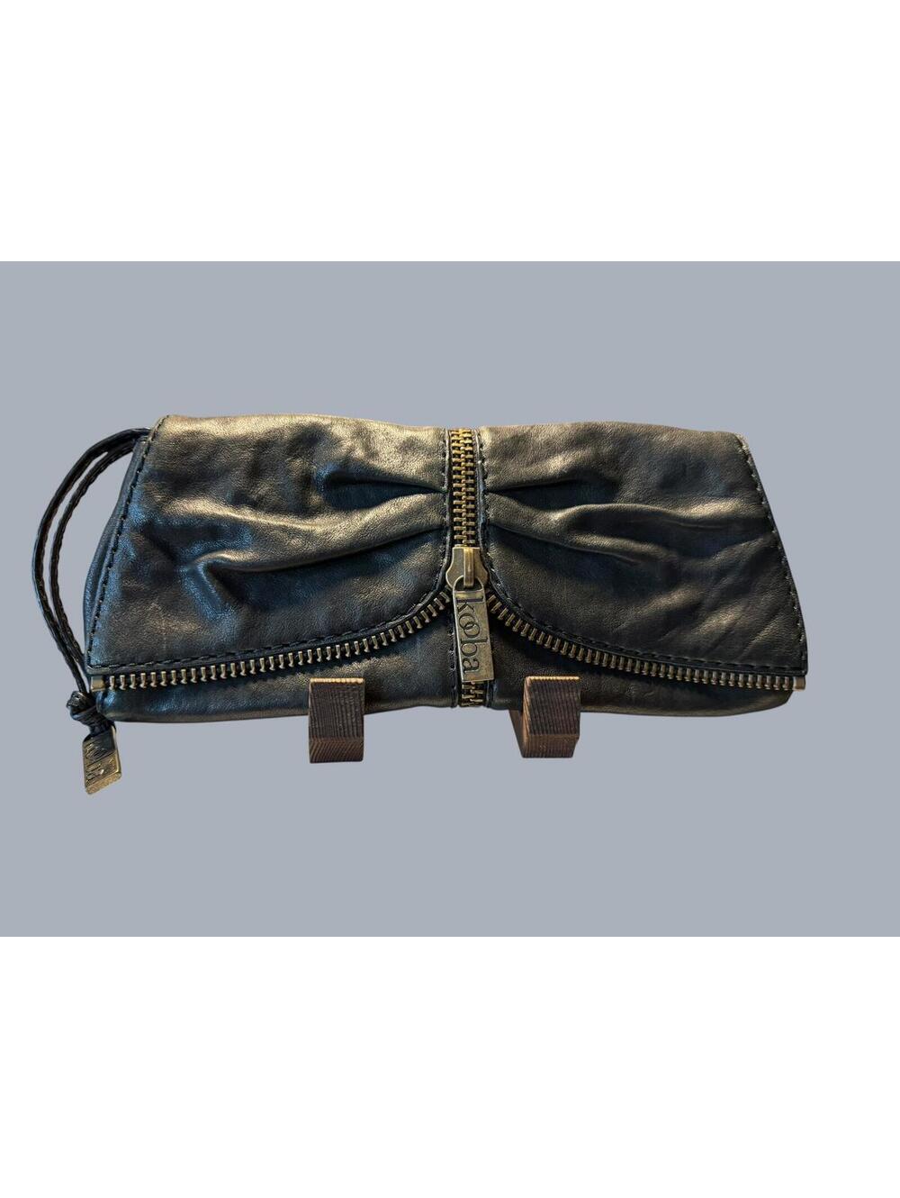 Kooba Black Lambskin Leather Ruched Zip Foldover Clutch NWT